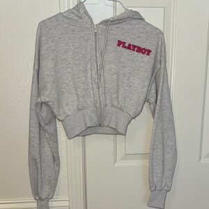 Playboy Women's Light Gray Cropped Zip Hoodie